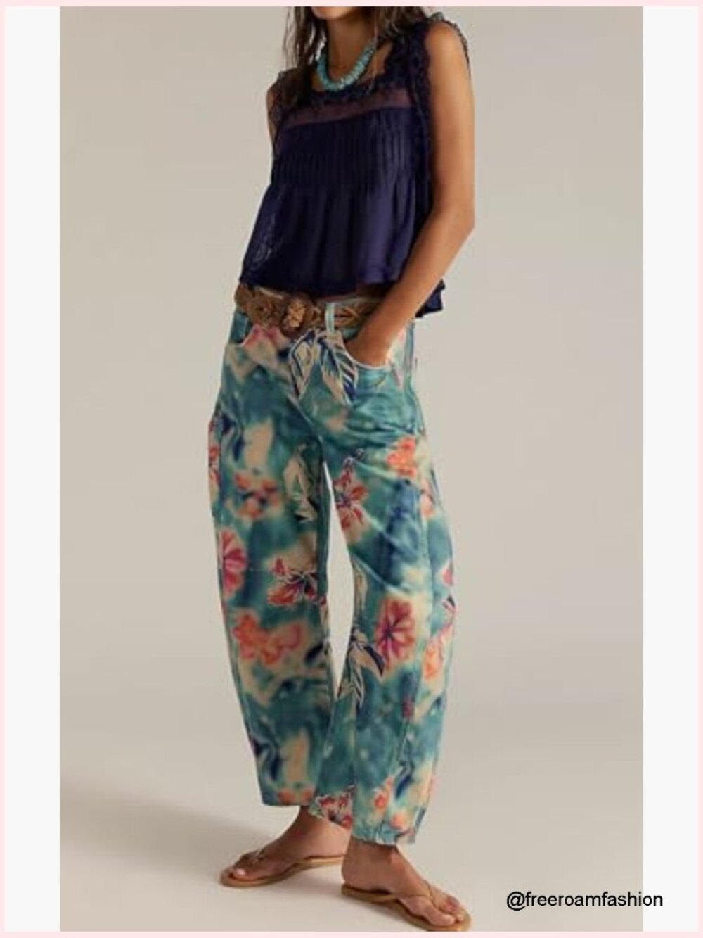 Women Boyfriend Baggy Barrel Jeans Floral Print Denim Ankle Pants Wide Leg Mid - Picture 3 of 7